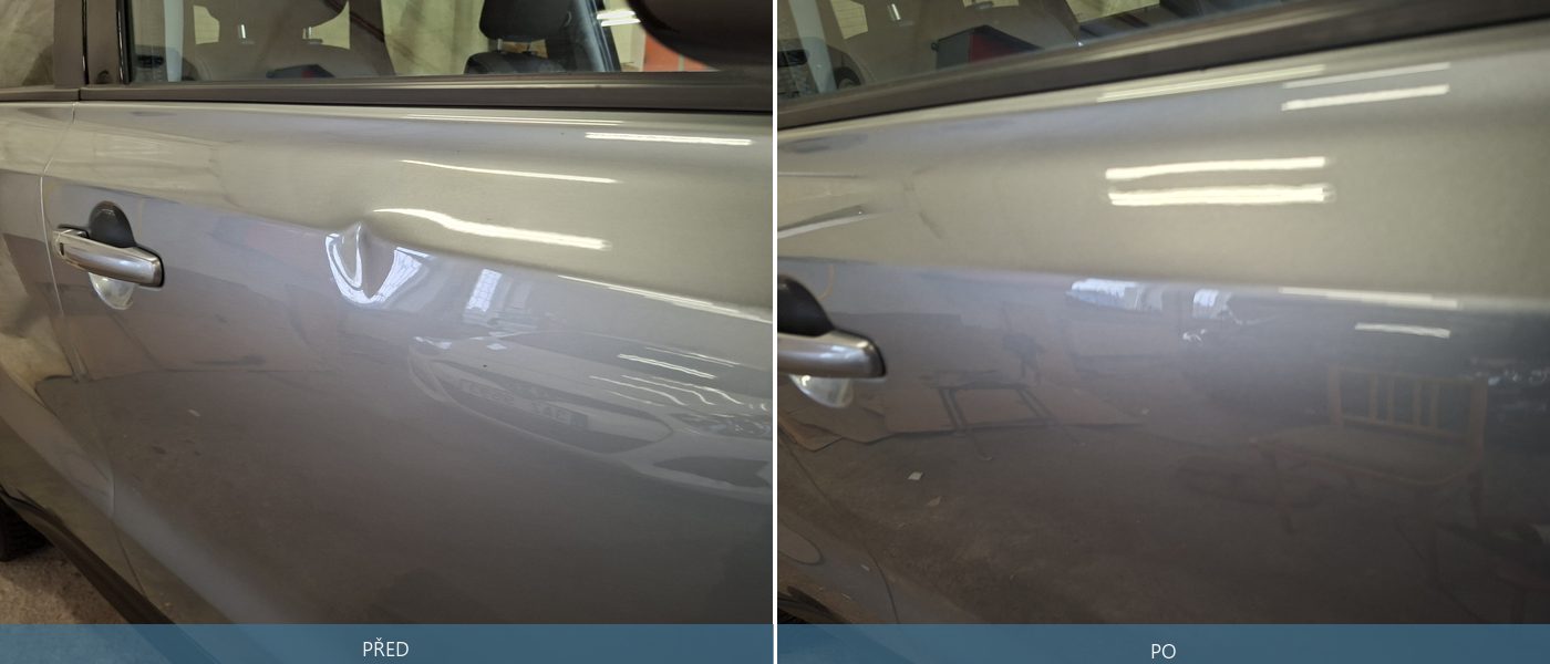 PDR oprava promáčkliny na dveřích – před a po