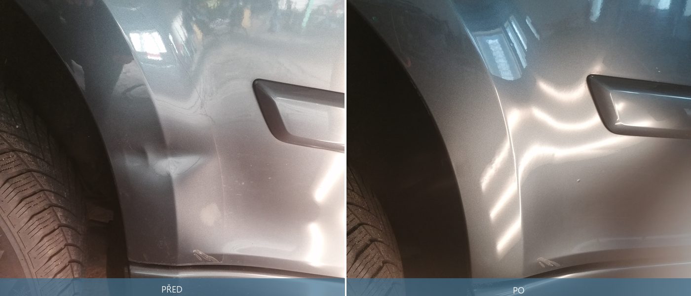 PDR oprava promáčkliny na blatníku – před a po